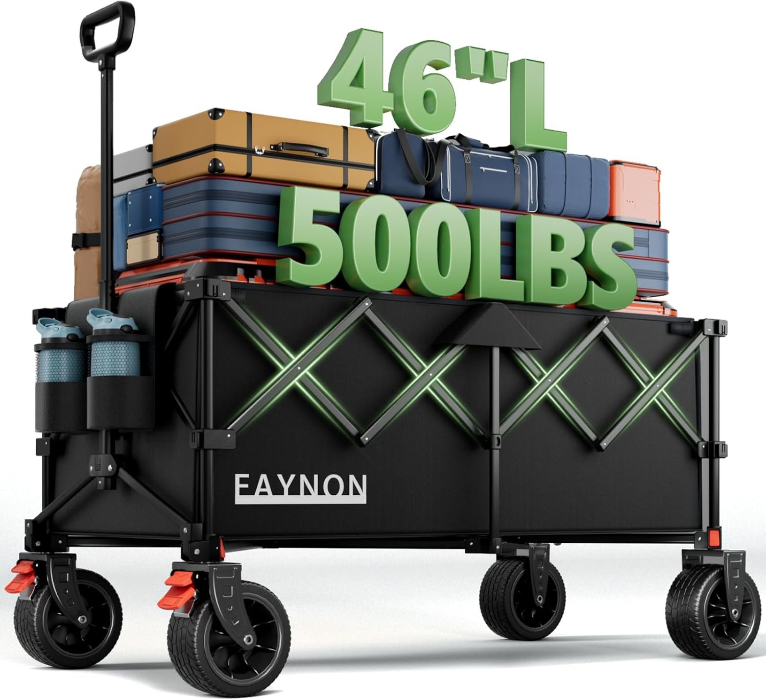 46″ L Collapsible Foldable Extended Wagon, 500LB Weight Capacity with 280L Heavy Duty Folding Cart,Utility Wagon with All-Terrain Beach Wheel & Drink Holders,Black