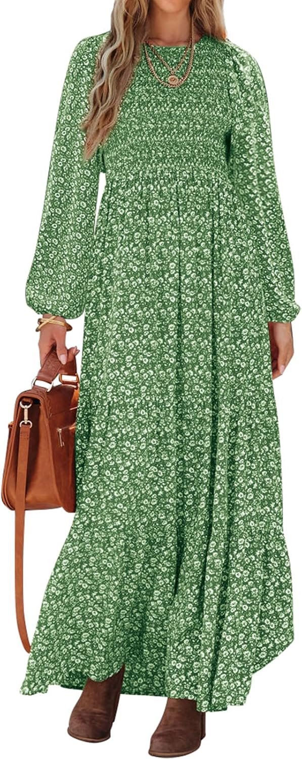 PRETTYGARDEN Women’s Fall Dresses 2025 Long Sleeve Flowy Casual Floral Maxi Dress Crew Neck Smocked Tiered Long Dress