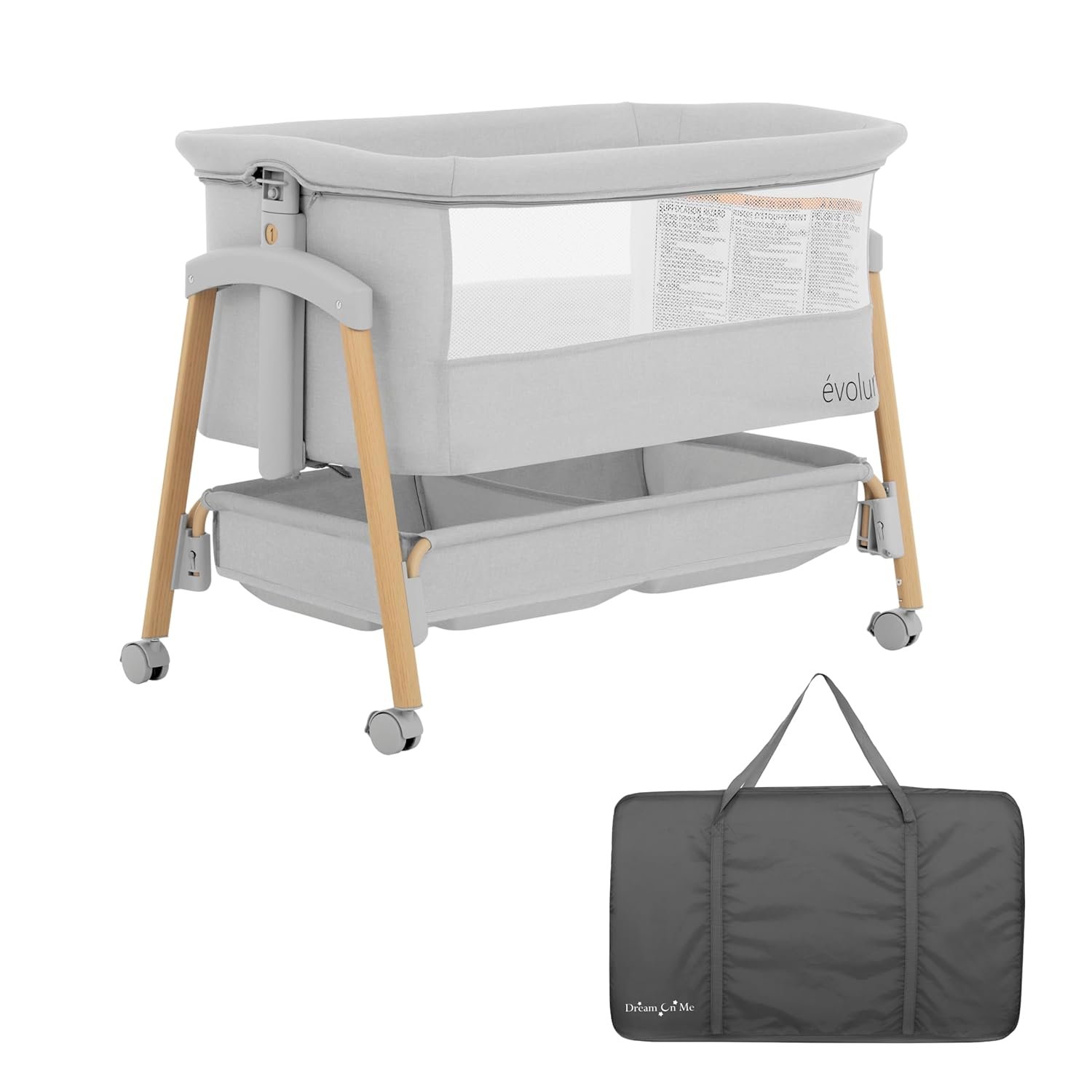 évolur Lullaby Portable Bassinet with Wheels, Adjustable Bedside Sleeper, Breathable Mesh Sides, Large Storage Basket, Easy Fold, and Travel Bag Included, Perfect for Newborns & Infants – Light Gray