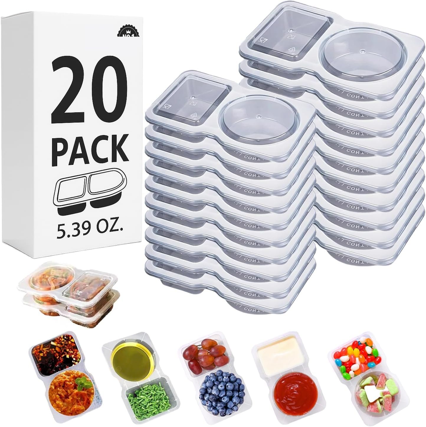 20 Sets Reusable Snack Containers Double Compartment Snackle Box Container with Lids – Leak-Proof BPA-Free Food Storage, Condiments Portion Control Dip Cups for Kids School Lunches, Meal Prep, Takeout