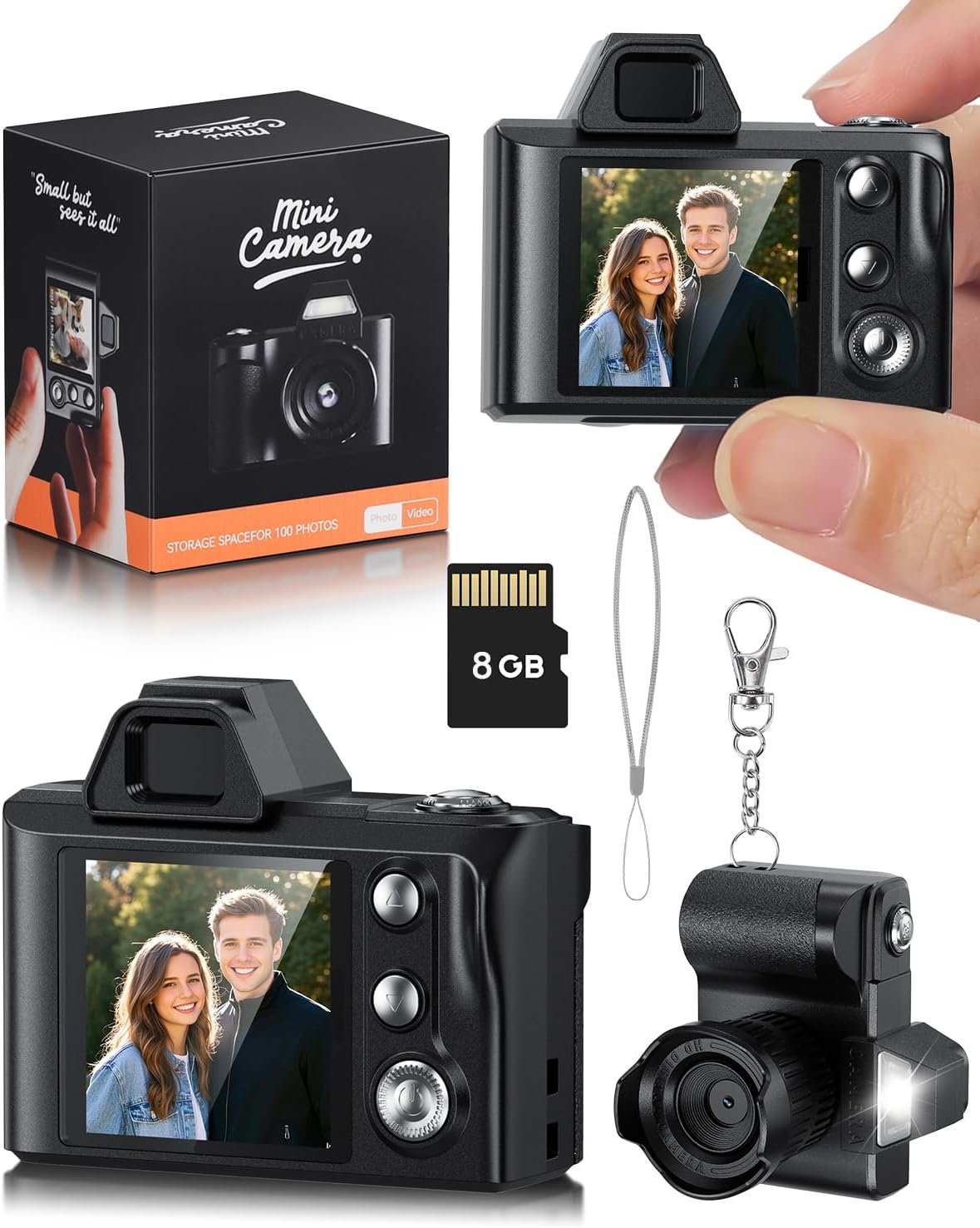 Mini Digital Camera, 1080P Portable Camera for Photography with 8GB SD Card, Key Card Clip Chain for Teenagers, Adult Beginners