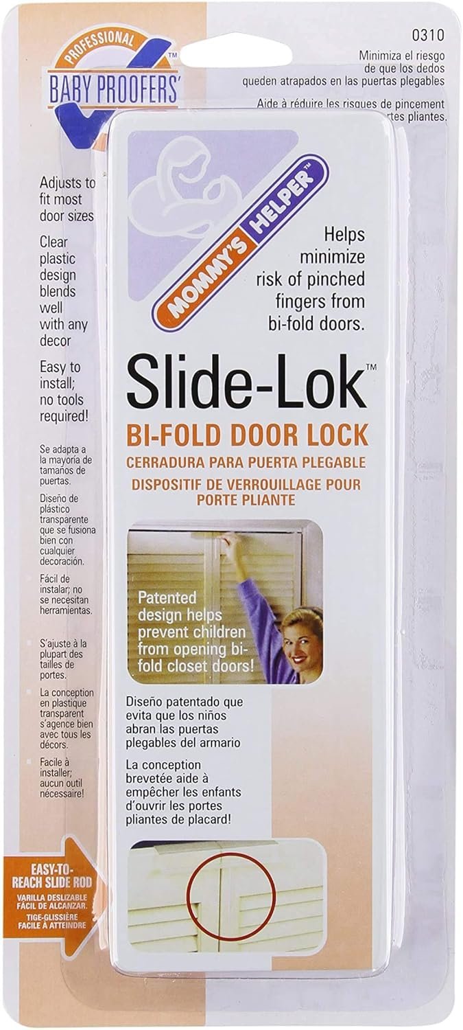 Mommy’s Helper Slide-Lok Bi-Fold Door Lock, Baby Lock (Pack of 1), Closet Locks for Double Doors, Fits Most Doors – Included Shim Makes Tighter Fit for Thin Doors