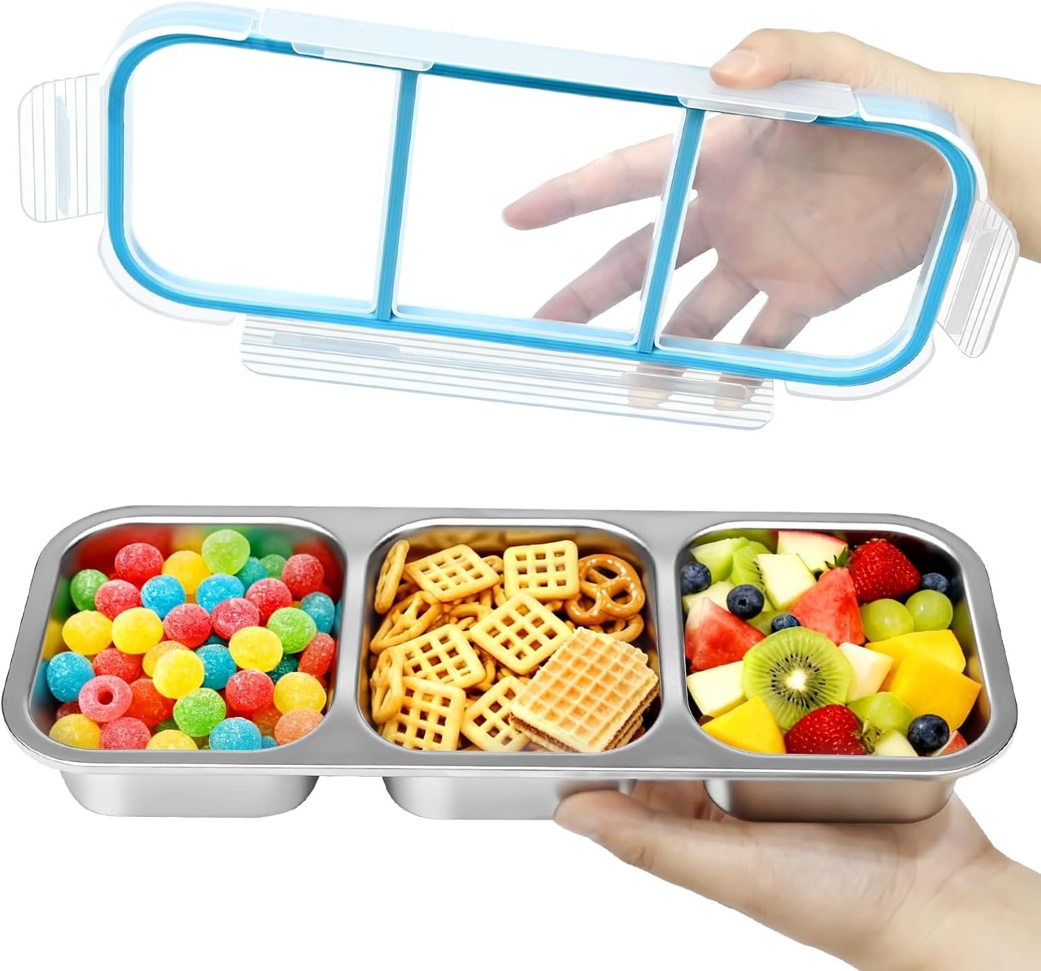 Snack Containers, Stainless Steel Snackle Box Leakproof 3-Compartment Metal Bento Box with Airtight Lids, Reusable Food Storage Container for Lunch, Travel, Picnics, and Office