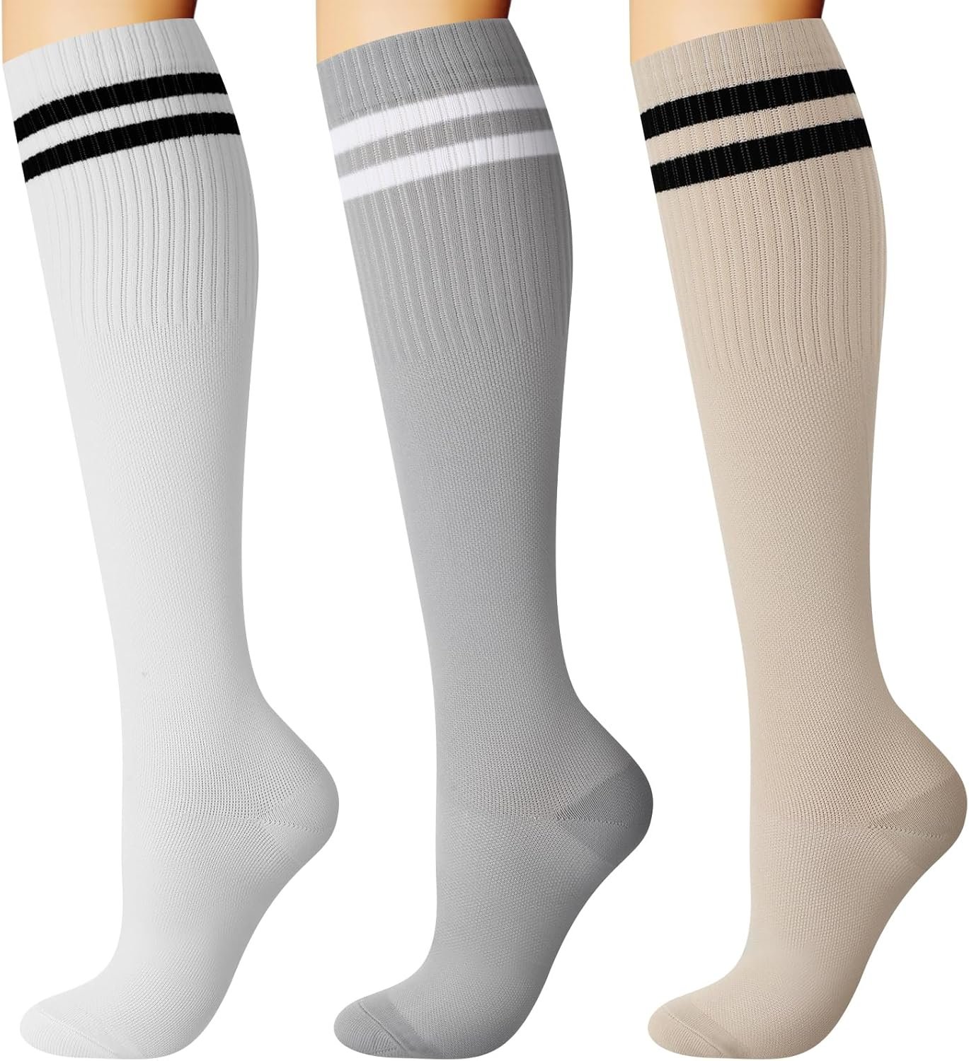 Shihanee 3 Pairs Striped Compression Socks for Women Men 15-25mmHg Circulation Knee High Athletic Socks for Support