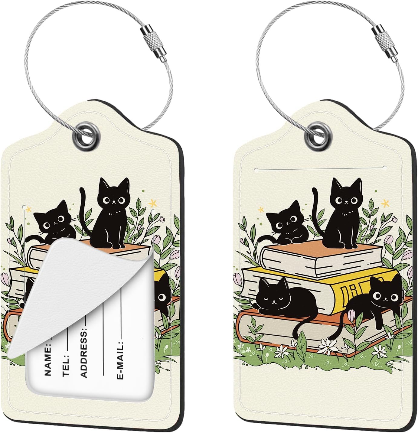 2 Pcs Luggage Tag for Suitcases, Black Cat Book Cute PU Leather Suitcase Tag Privacy Cover ID Label with Metal Loop, Personalized Baggage Identifier for Women Cruise Bag Travel Essentials