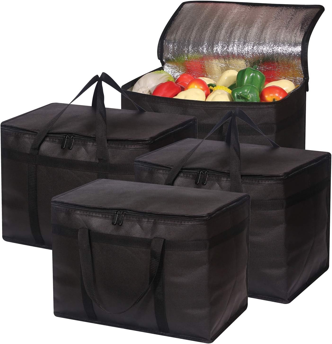 4 Pack XL Insulated Reusable Grocery Bags with Sturdy Zipper Reinforced Bottom & Handles, Foldable Washable Heavy Duty Cooler Totes for Hot or Cold Food Delivery, Groceries, Travel, Shopping
