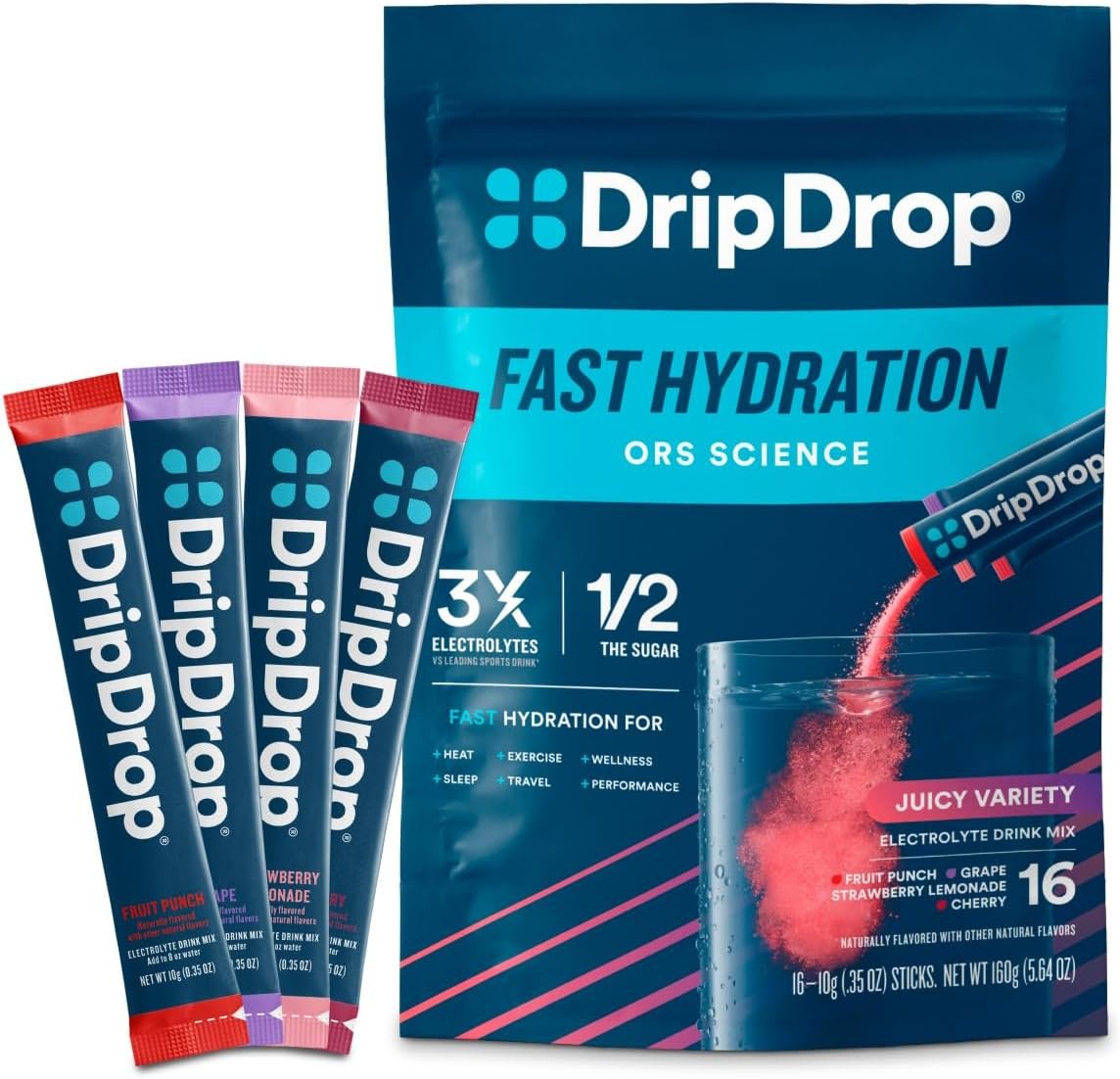 DripDrop Hydration Packets – Juicy Variety Pack – Single Serve Electrolytes Powder Drink Mix – Grape, Fruit Punch, Strawberry Lemonade, Cherry – Non-GMO, Gluten Free, Vegan – 16 Sticks