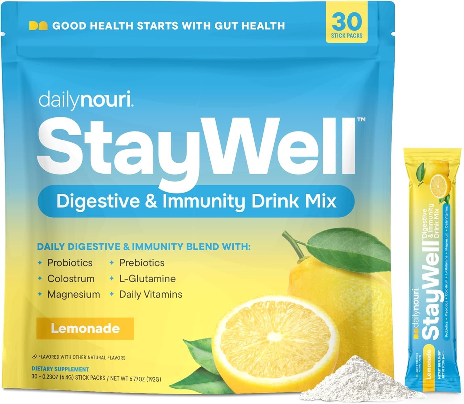 DAILYNOURI StayWell Digestive & Immunity Drink Mix | Supports Gut Health, Digestion, Immunity & Energy | Probiotics, Prebiotics, Colostrum & Daily Vitamins | 30 Stick Packs