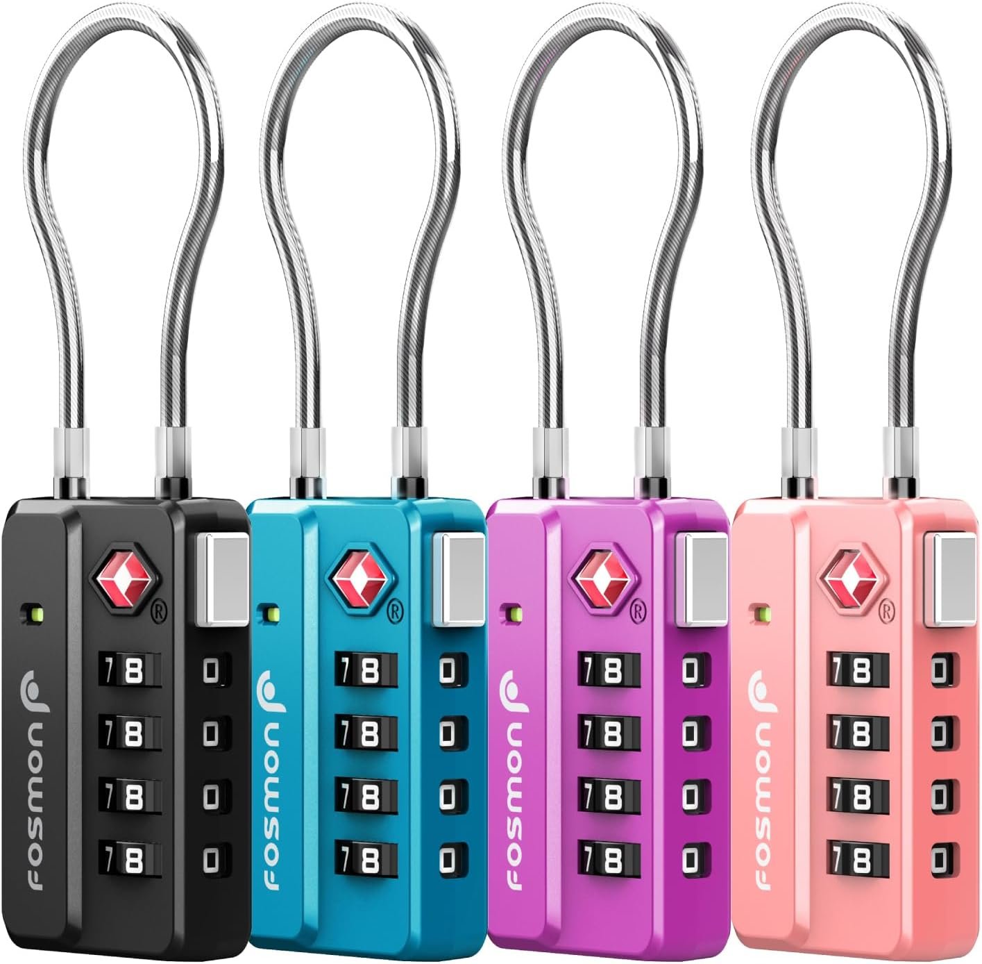 Fosmon Luggage Locks TSA Approved for Luggage & Suitcase, 4 Digit Mini Cable Locks Long Wire Padlock with 4 Combinations and Easy Reset Switch for Travel, Gym Locker, Gun Case, Backpack Zipper- 4 Pack