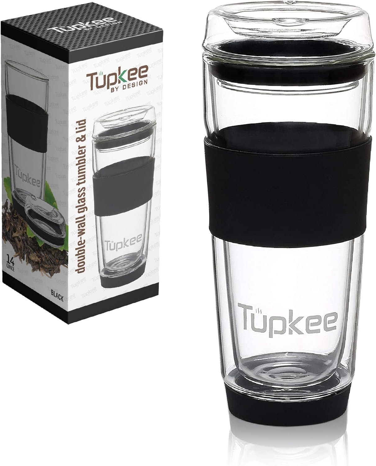 Tupkee Double Wall Glass Tumbler – 14-Ounce, All Glass Reusable Insulated Tea/Coffee Mug & Lid, Hand Blown Travel Mug – Black