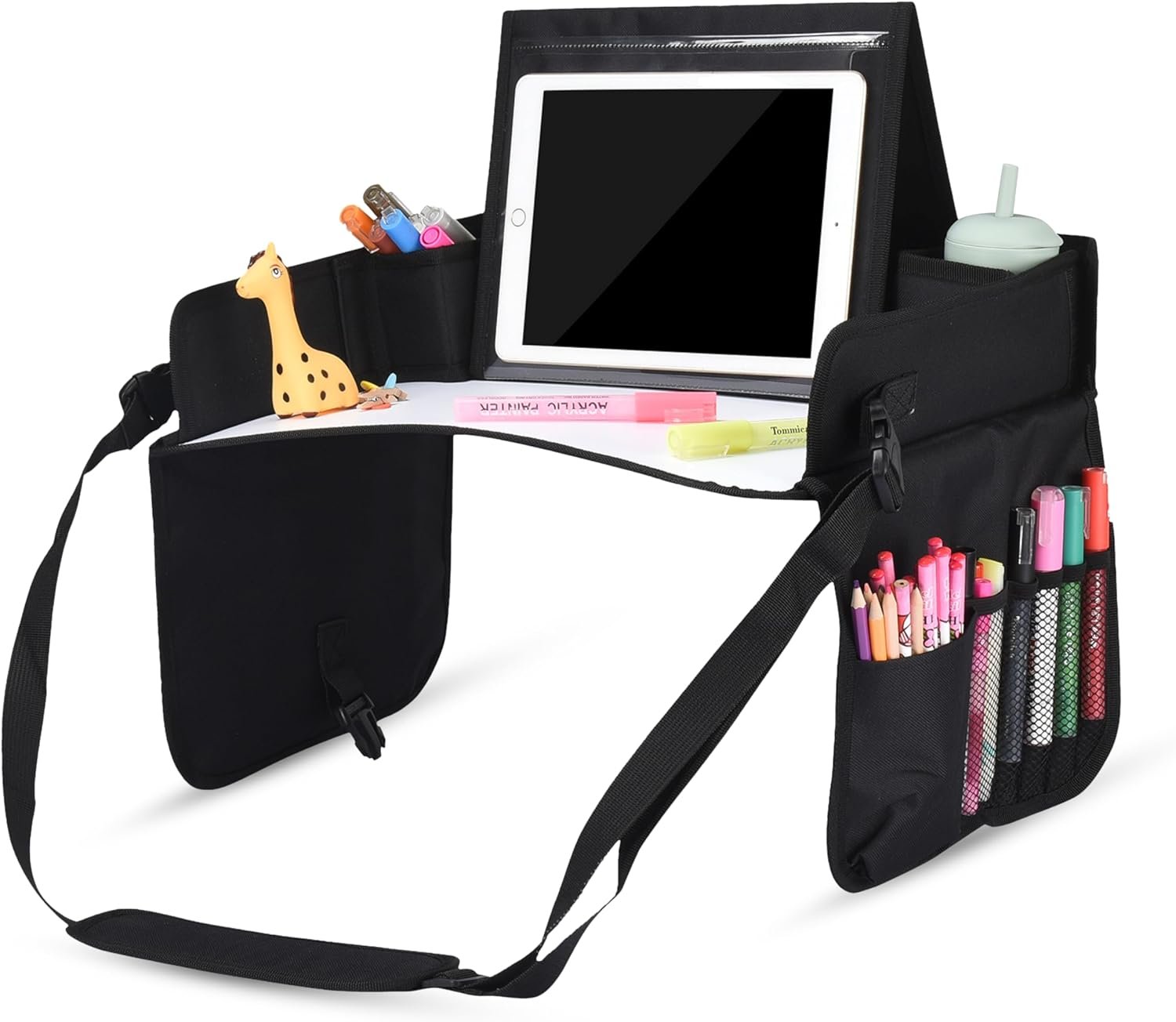 Kidzlane Kids Travel Car Seat Table Tray – Toddler Lap Activity Tray with Dry Erase Surface – Car Organizer for Snacks, Toys & Drawing – Road Trip & Airplane Travel Essentials for Kids