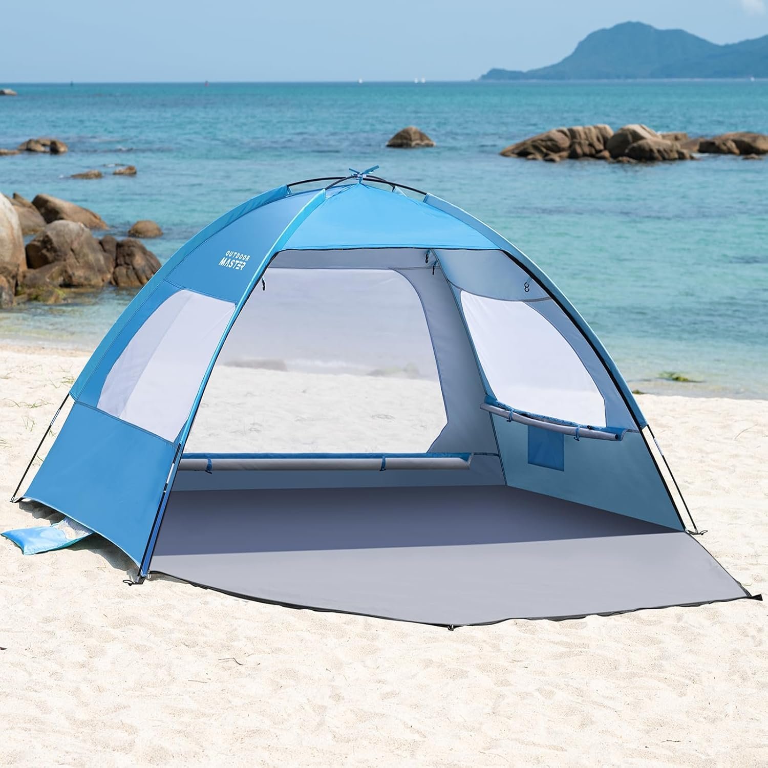 OutdoorMaster Beach Tent for 3/4 Person – Easy Setup Sun Shade Shelter, Portable Beach Shade Sun Canopy with UPF 50+ UV Protection, Removable Skylight Family Size