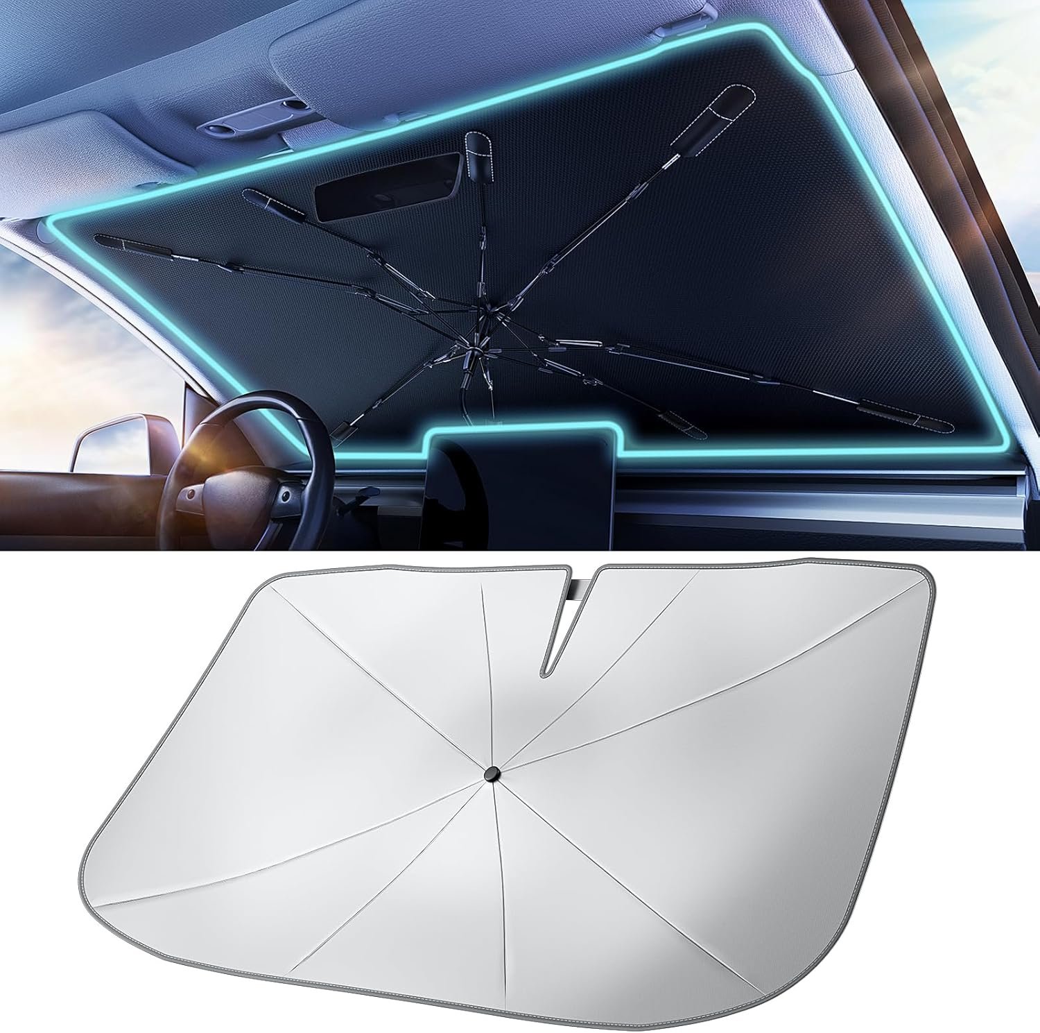 Car Windshield Sun Shade Umbrella – [Silver Heat Shield & UV Reflective] Protector for Cars, Universal Fit Medium (56″x31″) | 25°F Cooler, Friendly Vinyl Coatings Medium