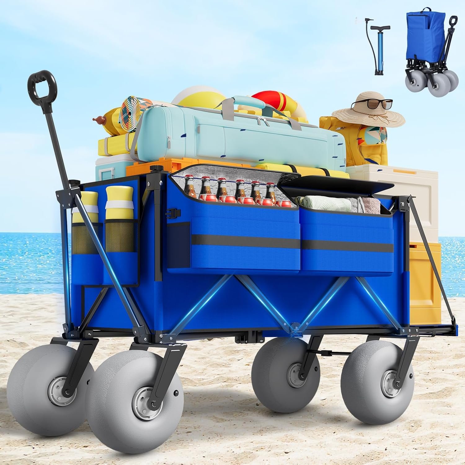 Beach Wagon with Big Wheels for Sand – 450lbs Load Heavy Duty Wagons Carts Foldable with 9″ All Terrain Inflatable Tires, Collapsible Beach Cart for Grocery Shopping Garden Sports Camping Outdoor