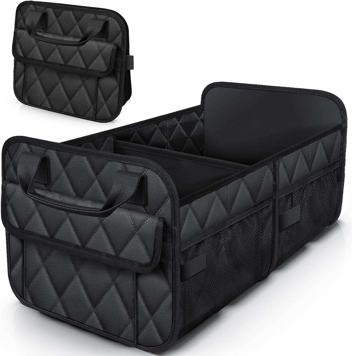HOTOR Trunk Organizer for SUV – Foldable & Portable Car Organizers and Storage with 2 Compartments, Large Capacity Car Trunk Organizer Car Accessories for Truck Sedan, Black, 21.7″ x 12.8″ x 11.0″