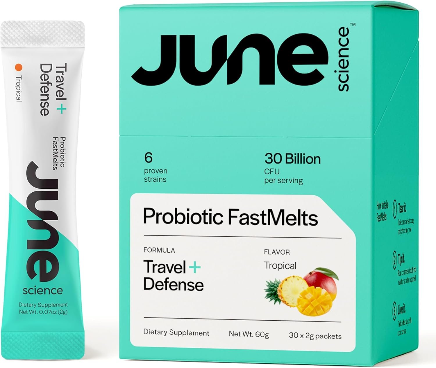 Travel + Defense | Fast Melt Pre + Probiotic for Immune Health While Traveling – Tropical Flavor, 30 Powder Sachets