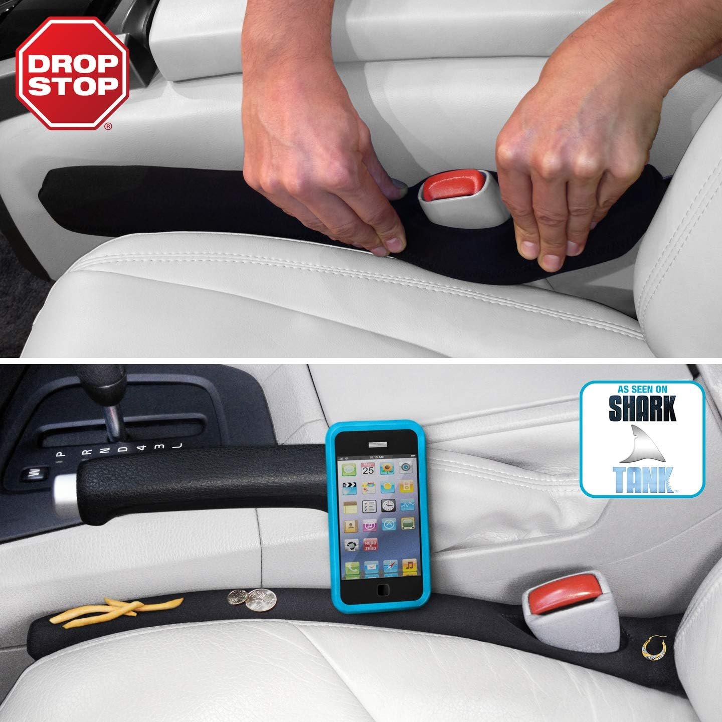 Drop Stop – The Original Patented Car Seat Gap Filler (As Seen On Shark Tank) – Between Seats Console Organizer, Set of 2 and Slide Free Pad and Light