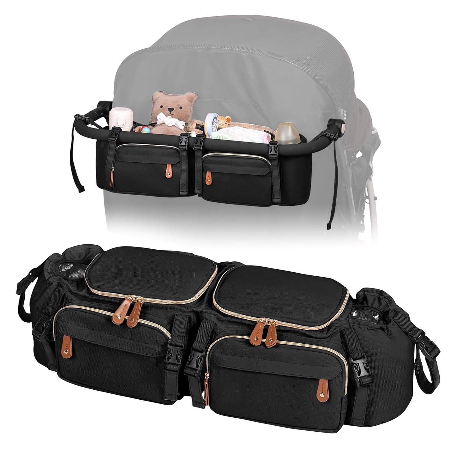 Double Stroller Organizer for Bob Duallie and Baby Jogger City Mini GT2, Double Stroller Caddy Organizers with Cup Holder and 2 Cooler Pockets Parent Console Double Stroller Accessories