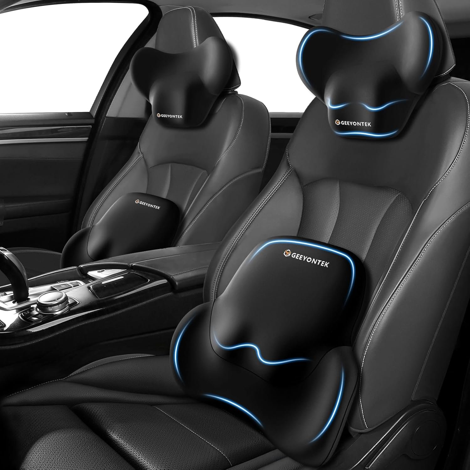 Car Lumbar Support Pillow and Neck Pillow kit for Back & Neck Pain Relief Ergonomic Memory Foam Car Seat Headrest & Lumbar Cushion with Adjustable Strap for Driving Seat/Office Chair Black