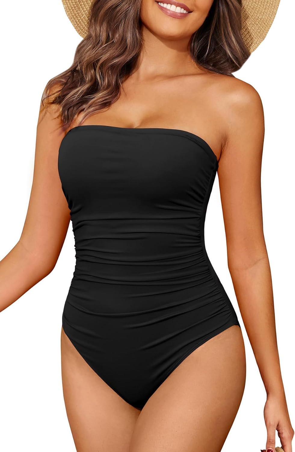 Holipick Women Tummy Control One Piece Swimsuits Strapless Bandeau Bathing Suits Slimming Halter Swimwear