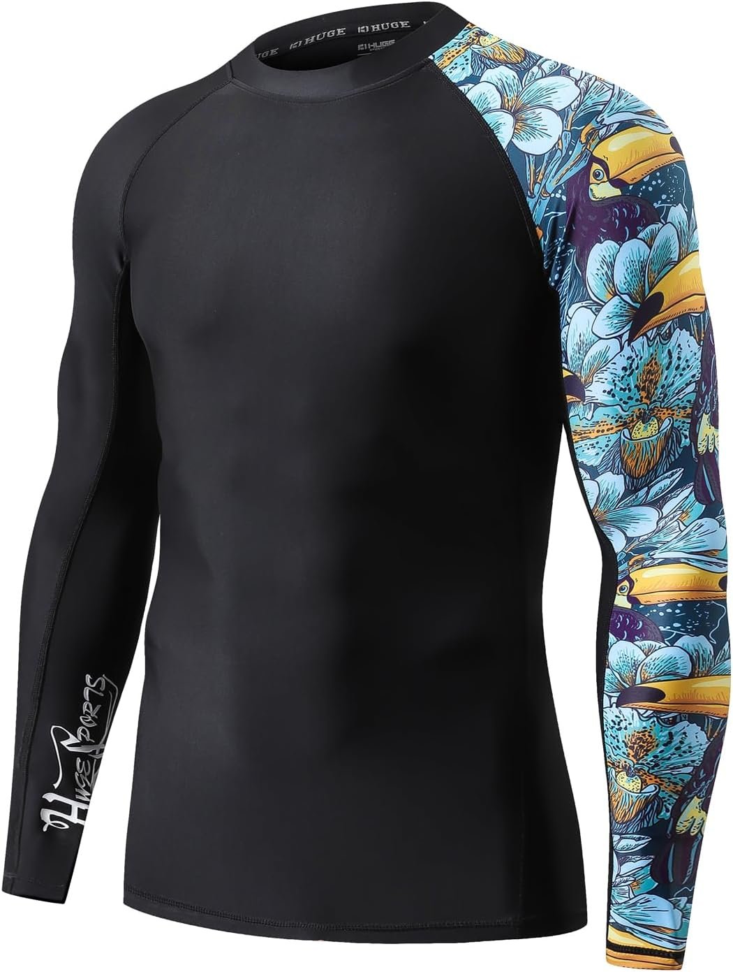 HUGE SPORTS Men’s Rash Guard Long Sleeves UPF 50+ UV Sun Protection Quick Drying Splice Compression Swim Shirts