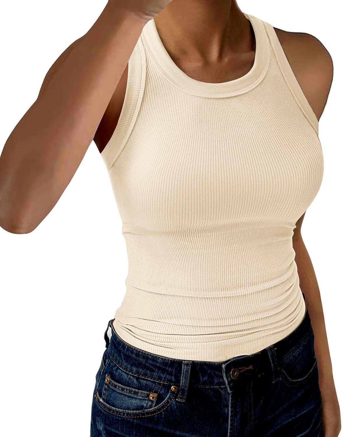 Womens Tank Tops High Neck Sleeveless Ribbed Tank Casual Basic Thick Strap Slim Fitted Racerback Shirts