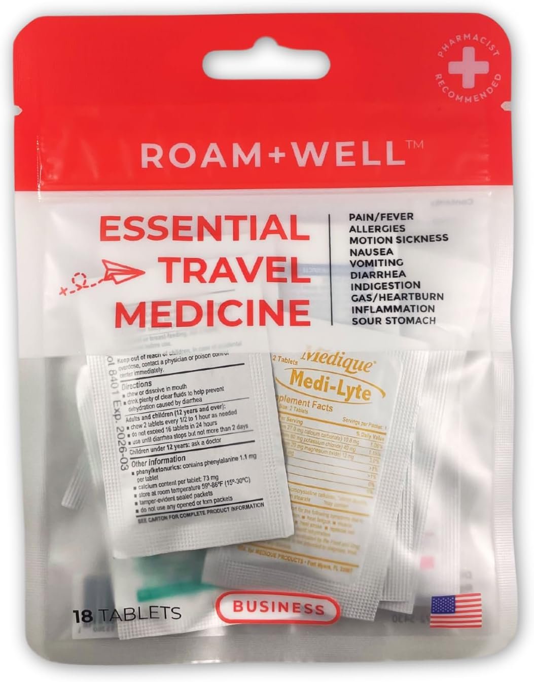 Essential Travel Medicine Kit, OTC Travel Medication, TSA Approved (Business | 18 Tablets)