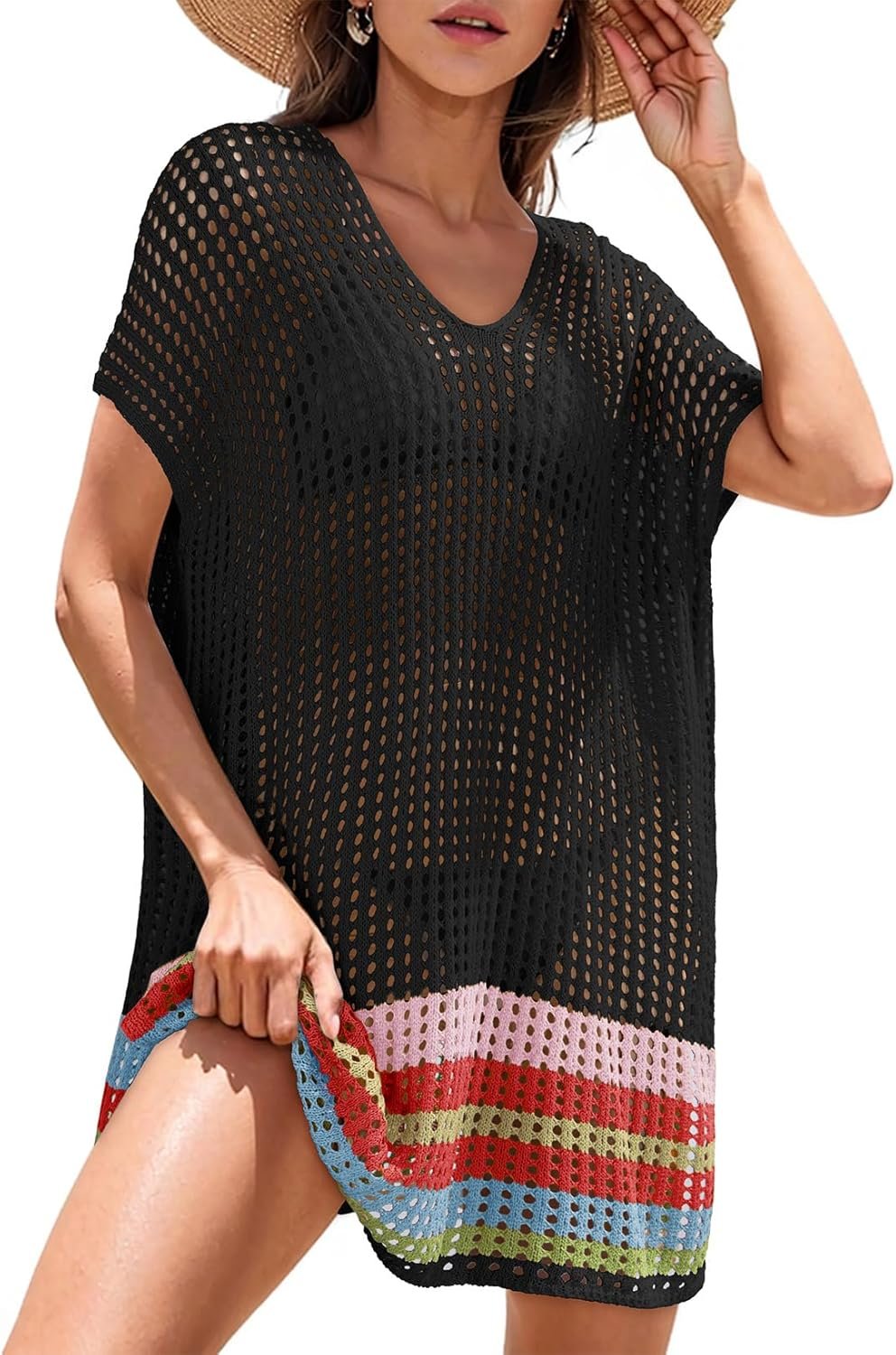 Dokotoo Women’s Swimwear Beach Bikini Swimsuit Color Block Cover-ups Crochet Striped Side Split Mini Dress