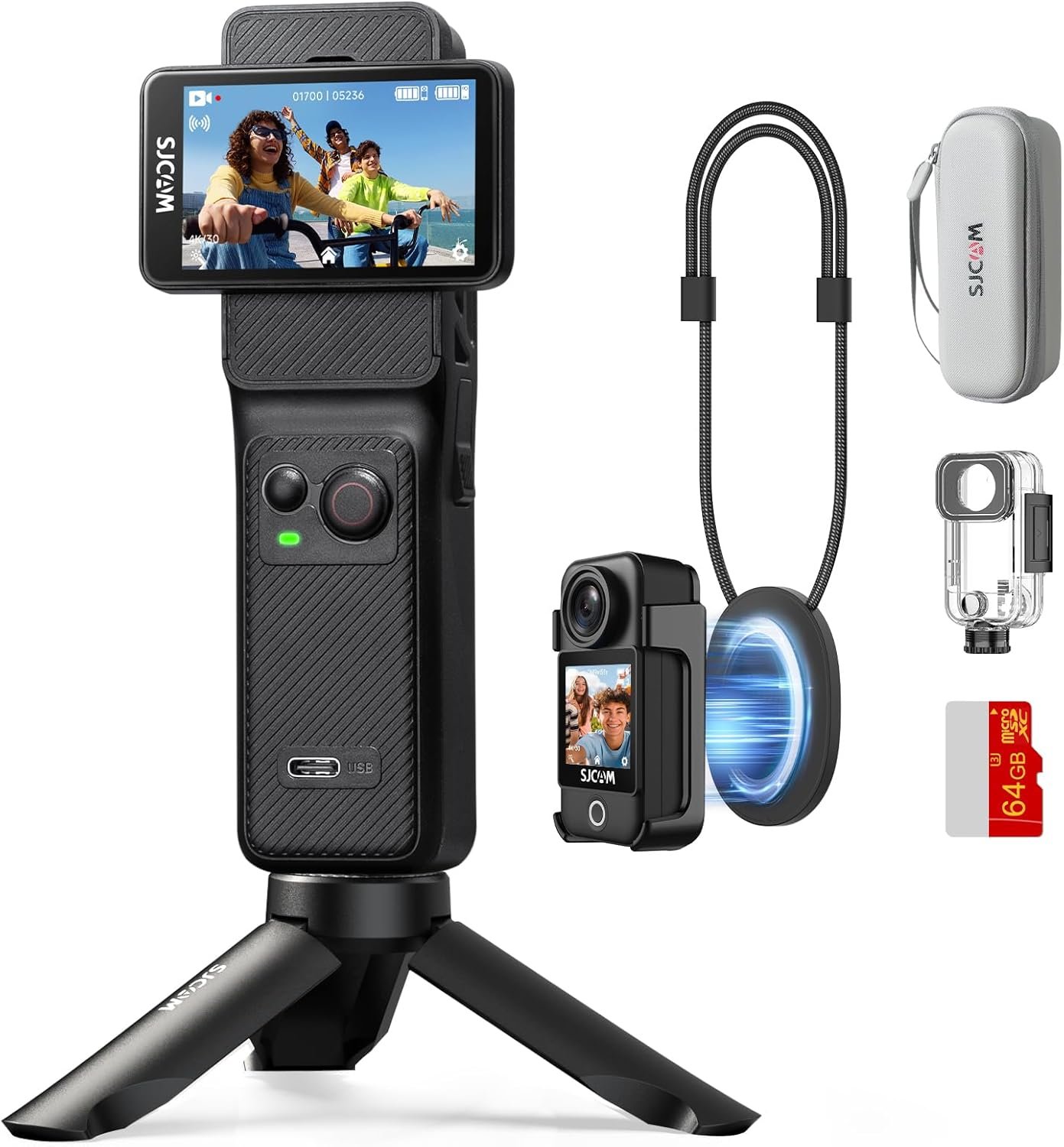 SJCAM C400 Vlogging Combo,4K Pocket Handheld Camera,7H Power use, 6-Axis Stabilization Action Camera,2.29” Big Touch Screen,30M Waterproof Werable Body Cam,Vlogging Camera for YouTube Live Streaming