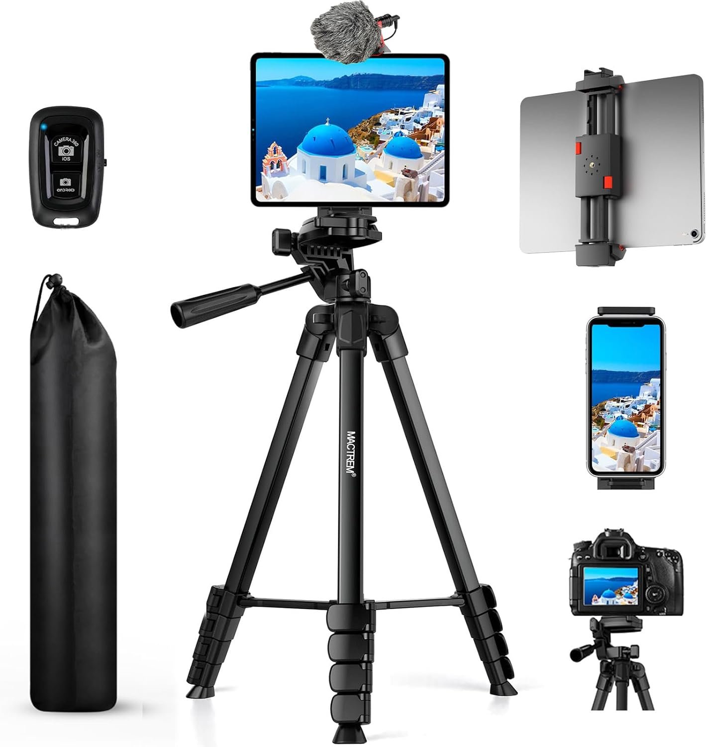 MACTREM iPhone iPad Tripod Stand, 67″ Phone Tripod for iPad Tablet Camera with 2 in1 Holder Remote Carry Bag, Aluminum Extendable iPhone Stand for Video Recording/Selfies/Live Stream/Vlogging