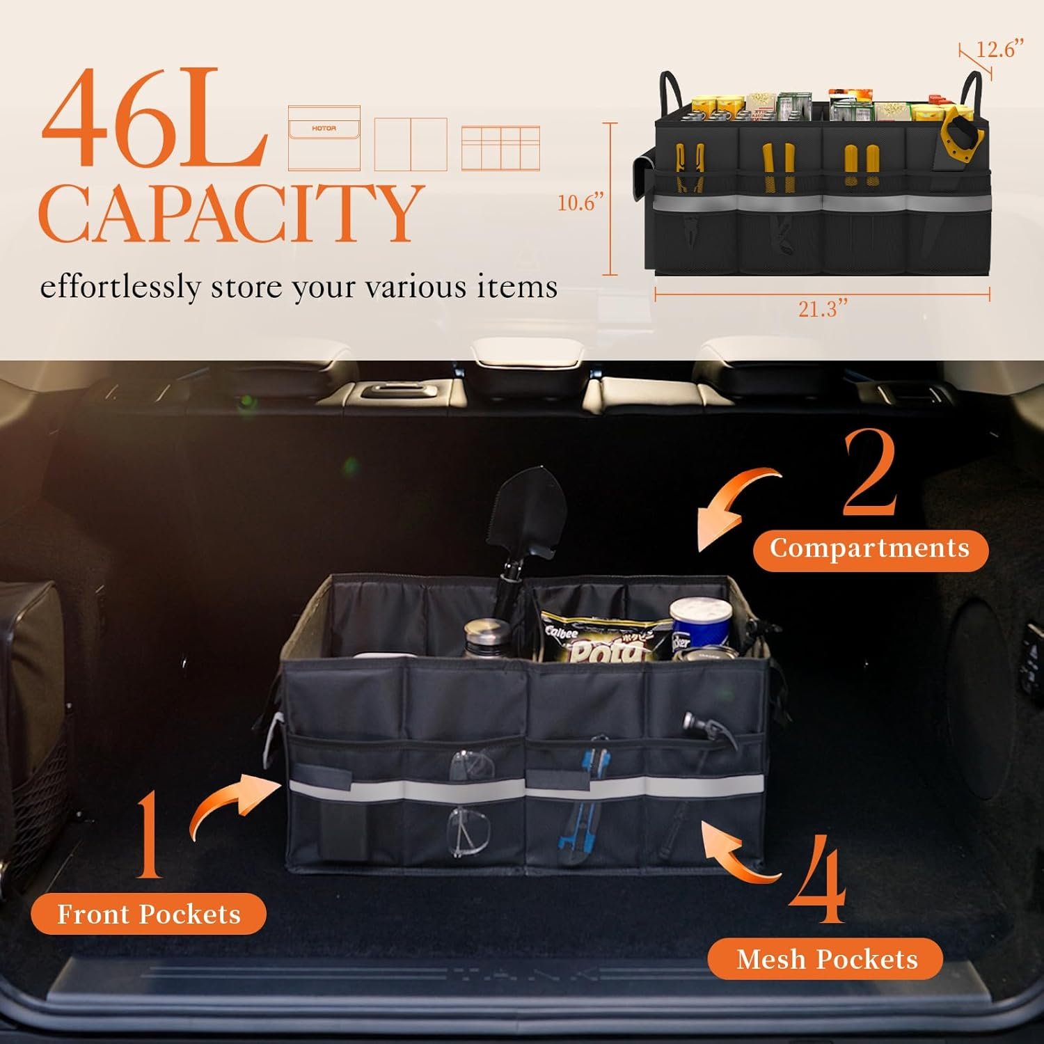 HOTOR Trunk Organizer – Car Organizer with 5 Pockets, Trunk organizer for SUV, Sedan & Van, Car Organization with Sturdy Base Panel for Car Accessories, Black, 2 Compartments, 21.3″×12.6″×10.6″