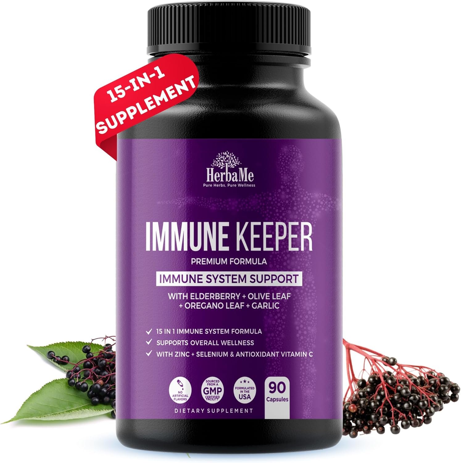 Immune System Support Supplement 15 in 1 with Elderberry, Quercetin, Zinc, Vitamin D, 90 Capsules, Support Natural Wellness, Immunity Booster with Selenium and Vitamin C Antioxidants