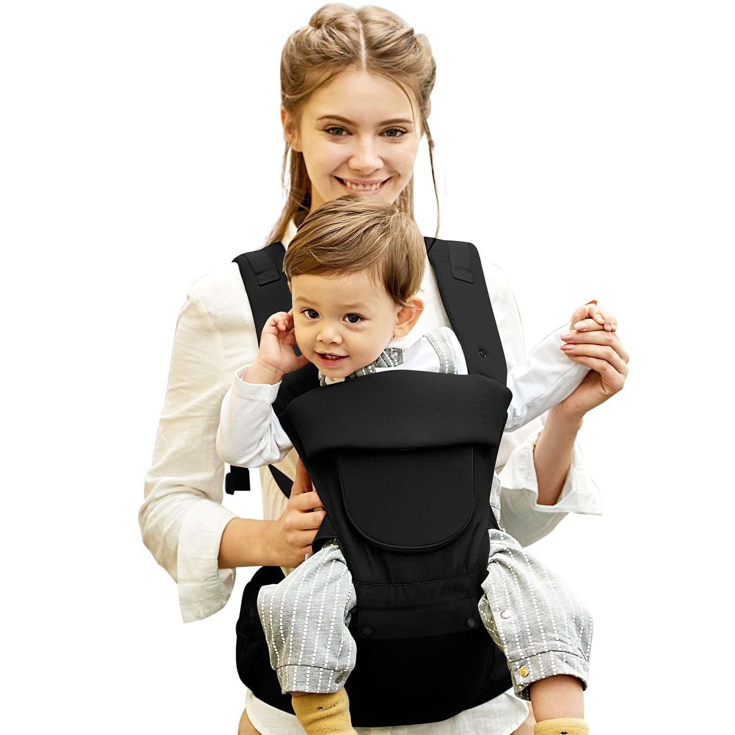 Baby Carrier Newborn to Toddler,Baby Carrier with Hip Seat,Ergonomic, Safety-Certified Baby Hip Carrier with Foldable Neck Support Pod,12 in 1 Baby Holder Carrier with Adjustable Waist Belt-Black