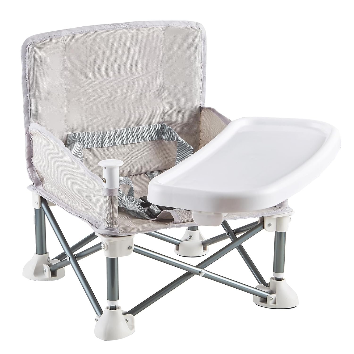 Portable Baby Chair with Removable Tray – Folding Booster Seat for Toddlers 6 Months to 3 Years, Lightweight Travel Highchair for Camping, Beach, Outdoor & Dining Table Use Beige (Grey)