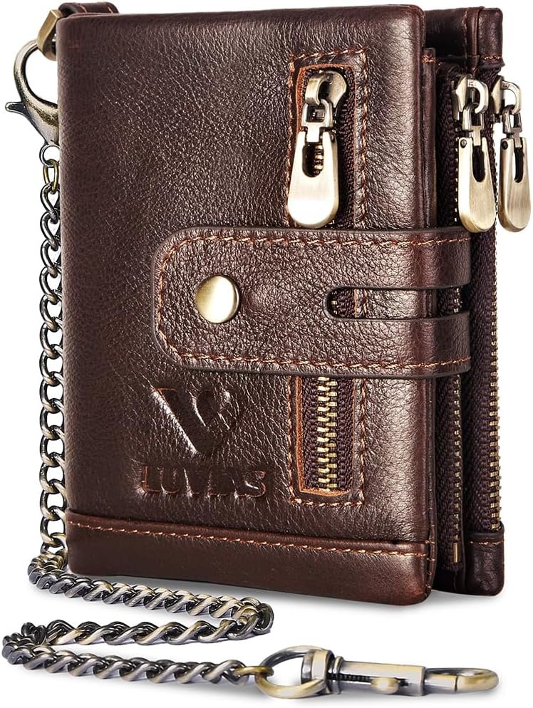Anti-Theft Mens Wallet with Chain Genuine Leather ID Window Purse with RFID Blocking Bifold Double Zipper Coin Pocket with Gift Box