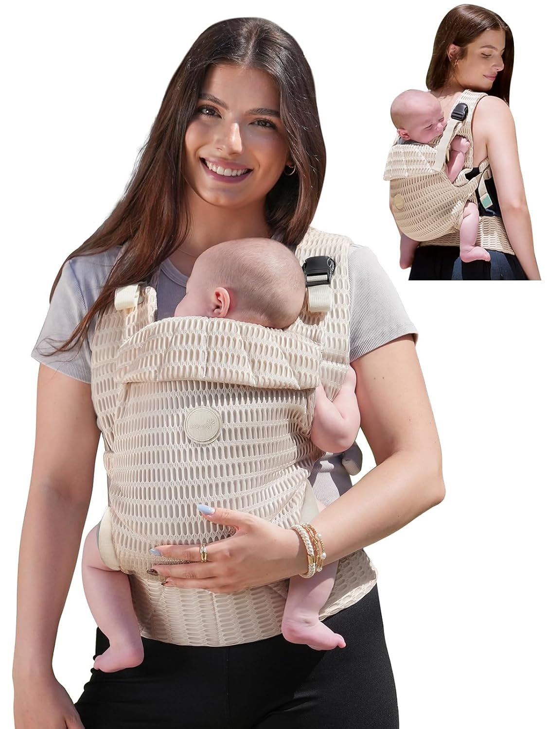GROWNSY Baby Carrier Newborn to Toddler (7-44lbs), Ergonomic & Cozy Wraps Carrier with One-Click Buckle, Head Support for Hands-Free Comfort, Design for Infant to Toddler, Almond Beige