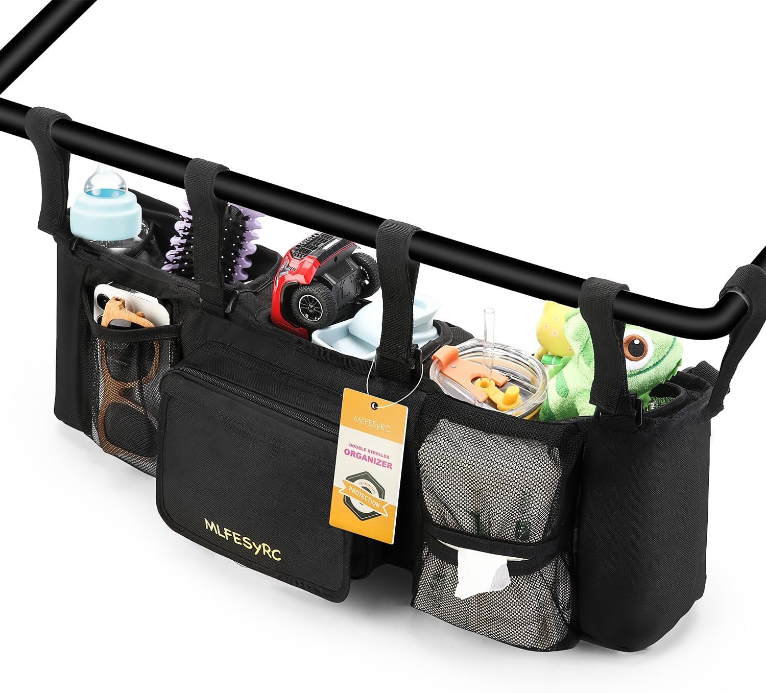 Double Stroller Organizer for Bob Duallie and Baby Jogger City Mini GT2, Double Baby Stroller Accessories with 2 Cooler Pockets, Parent Console Double Jogging Stroller Organizer(Empty Bag)