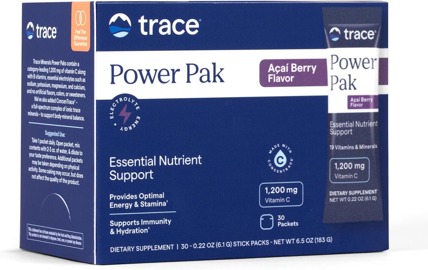Trace Minerals Power Pak Multivitamin and Multimineral Packets – Electrolyte Support – 1200 mg Vitamin C plus 70+ Trace Minerals – Acai Berry Flavor – 30 Packets
