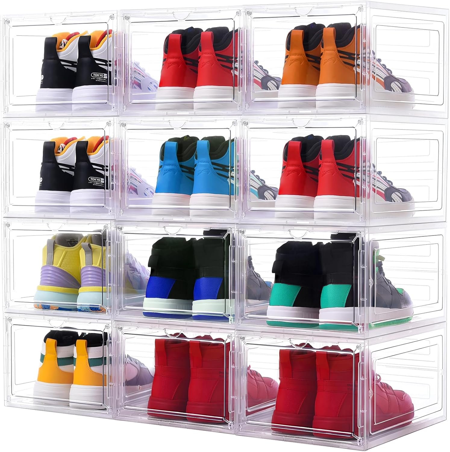 Large Clear Shoe Storage Boxes Stackable, 12 Pack Hard Plastic Shoe Storage Organizer with Magnetic Door, Shoe Container Sneaker Storage Display Case Fit up to US Size 12 Clear