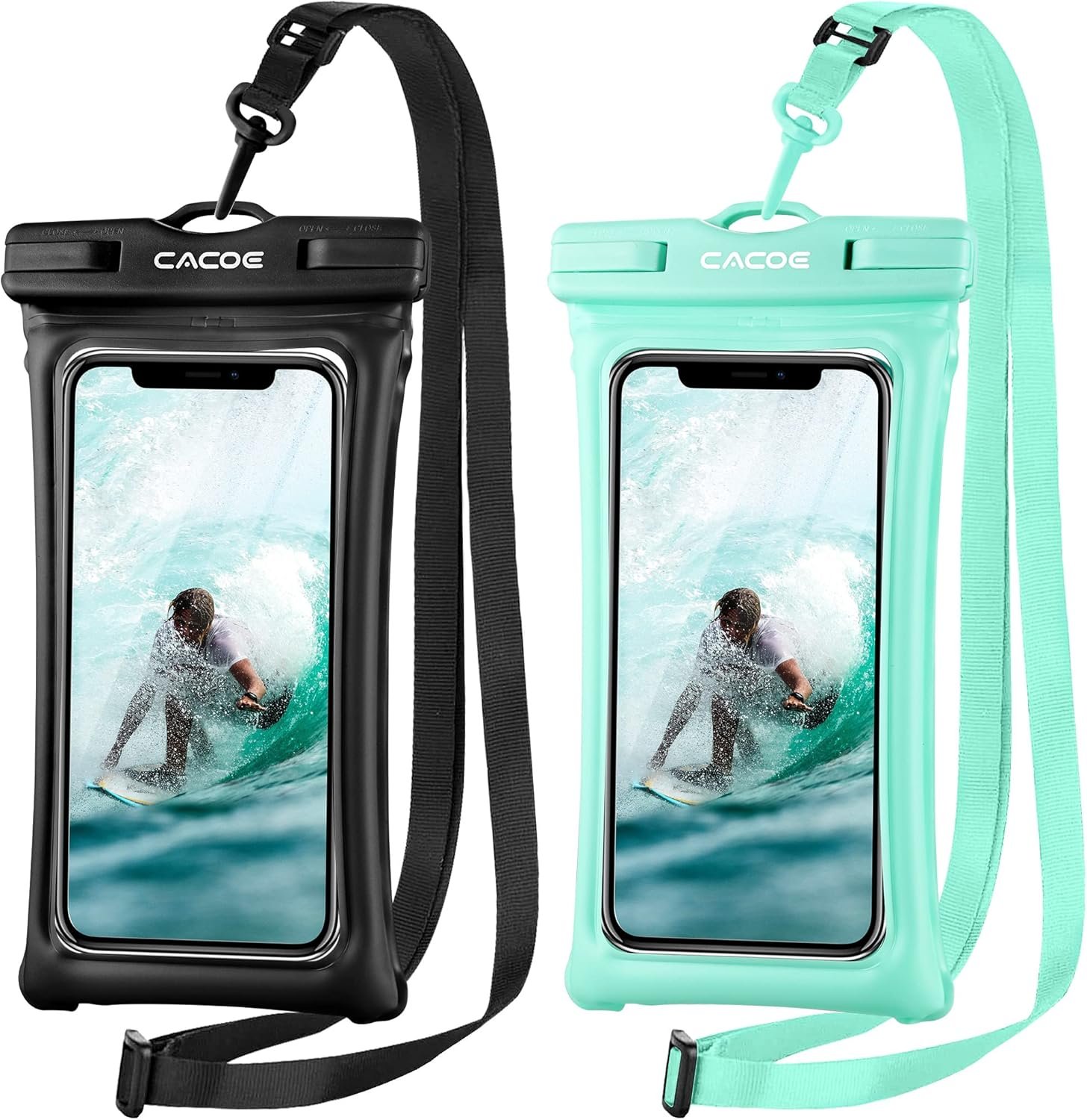 CACOE [Floatable] Floating Universal IPX8 Waterproof Phone case 2 Pack-Up to 7.0″,Adjustable Lanyard Phone Pouch,Cellphone Dry Bags for Vacation Beach Pool Kayak Cruise Travel Essentials（Black+Green）