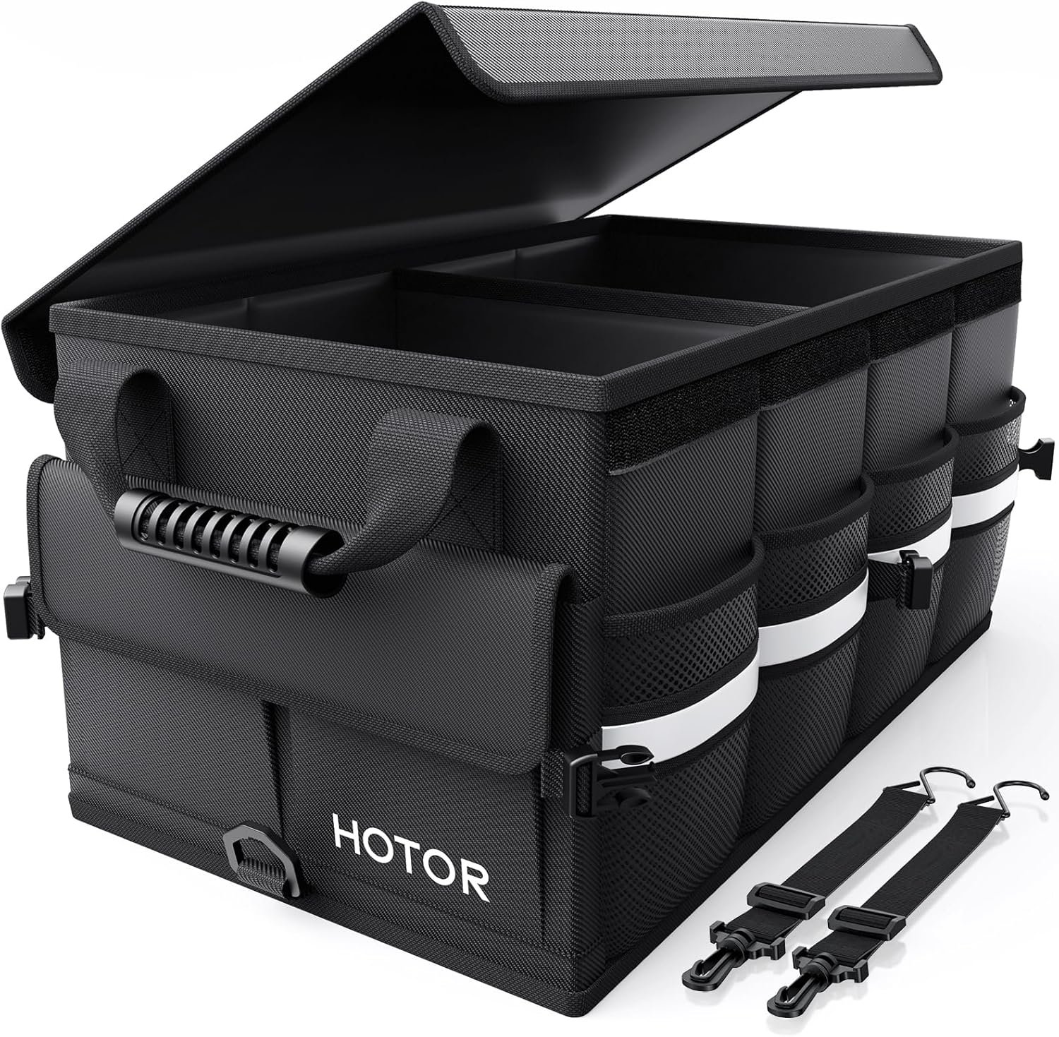 HOTOR Car Trunk Organizer – Foldable Trunk Organizer for SUV, Car Storage with Reflective Strips & Securing Cover, Large Capacity Car Accessories for Truck, Van & Sedan, Black, 22.1″ x 12.6″ x 11.0″