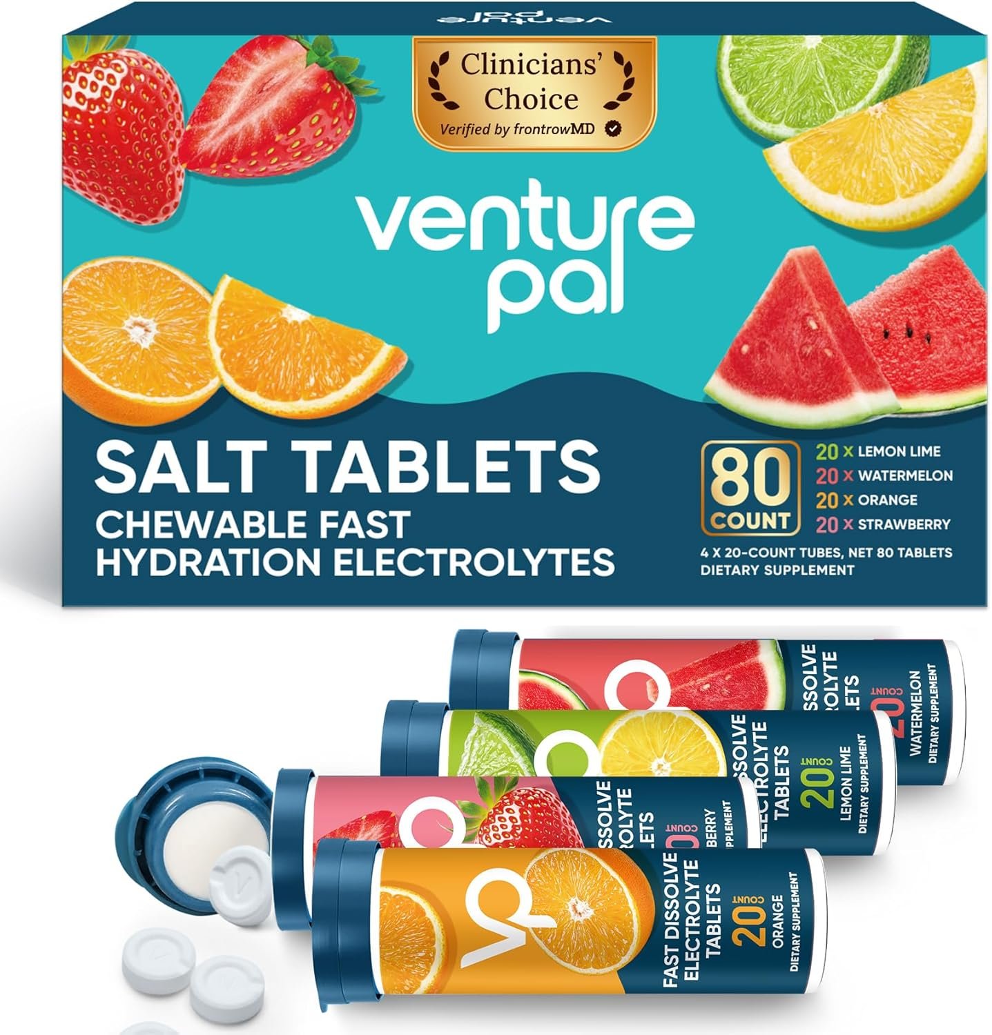 Venture Pal Chewable Electrolyte Tablets, 80 Count Fast-Dissolve Sugar-Free Stick Salt Tablets – Variety Pack for Rapid Hydration, Outdoor Running, Hiking, Sports | Keto & Vegan Friendly | 4 Pack