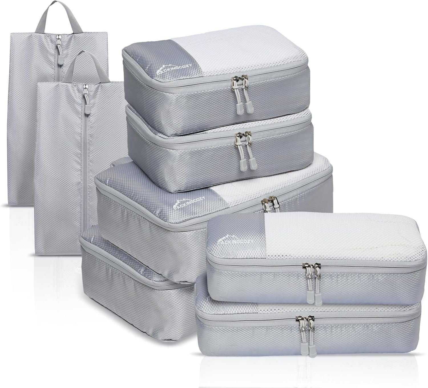 Packing Cubes for Travel, 8 Set Packing Organizers with Zipper Pulls and Mesh Top Panel – Light-weight Travel Cubes for Carry On and Suitcases, Light Gray
