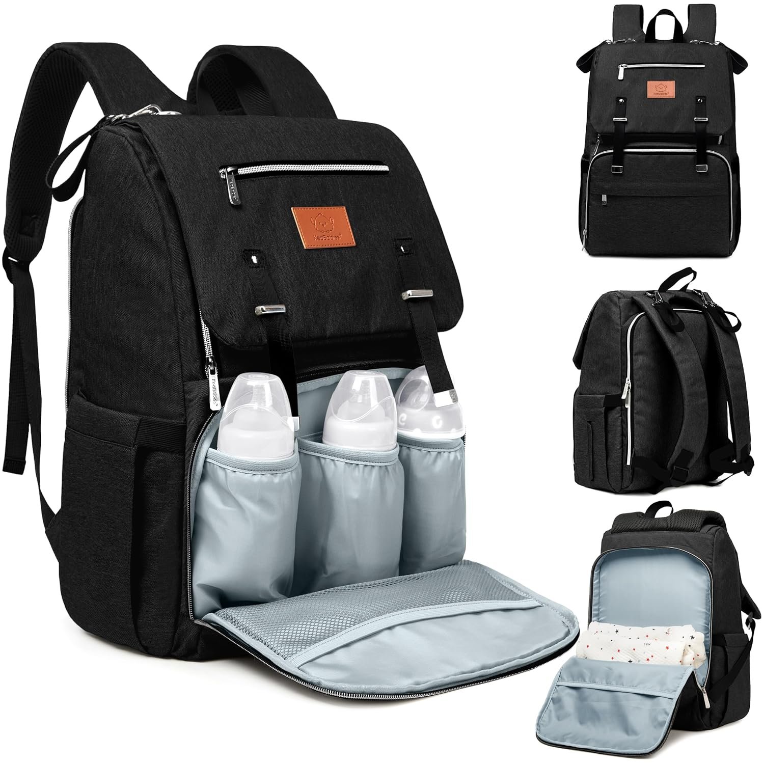 KeaBabies Baby Diaper Bag Backpack with Changing Pad – Waterproof Baby Bag for Mom and Dad, Insulated Bottle Pockets, Durable Toddler, Twin, Boy Girl Diaper Backpack for Travel, Large (Trendy Black)