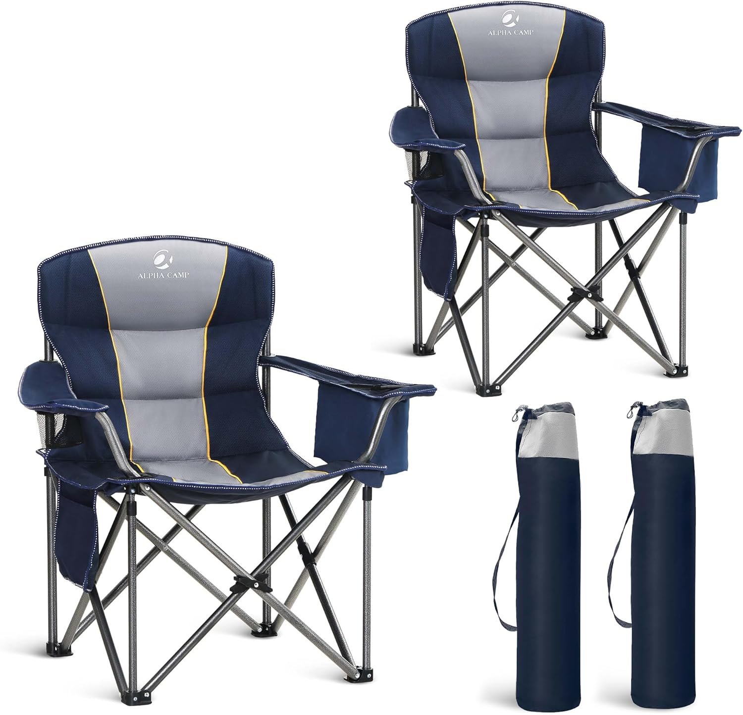 LET’S CAMP Folding Camping Chair Oversized Heavy Duty Padded Outdoor Chair with Cup Holder Storage and Cooler Bag, 450 LBS Weight Capacity, Thicken 600D Oxford,2 Pack