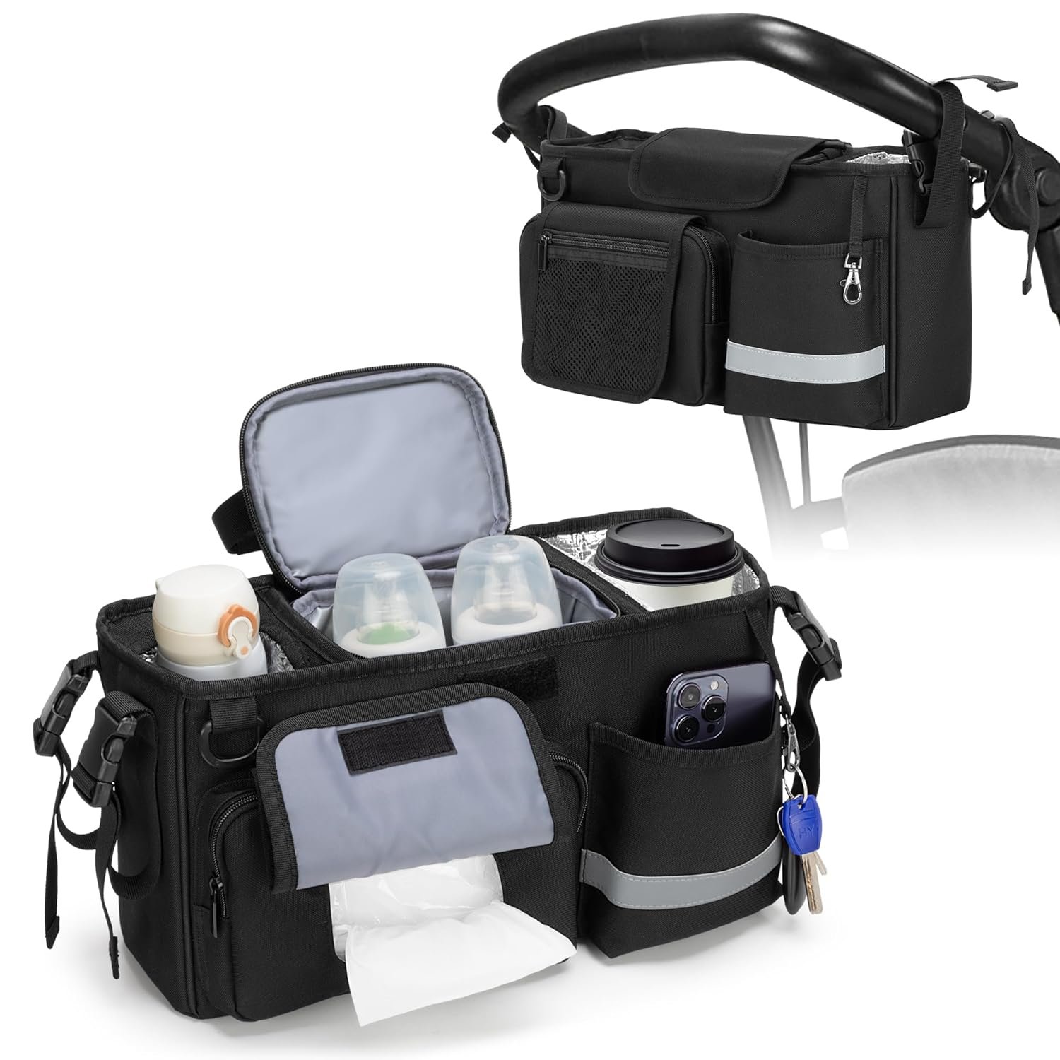 Parent Console Stroller Organizer Compatible with WONDERFOLD W&X, 2 Insulated Cup Holders, A Removable Cooler Bag, Black, Patented Design