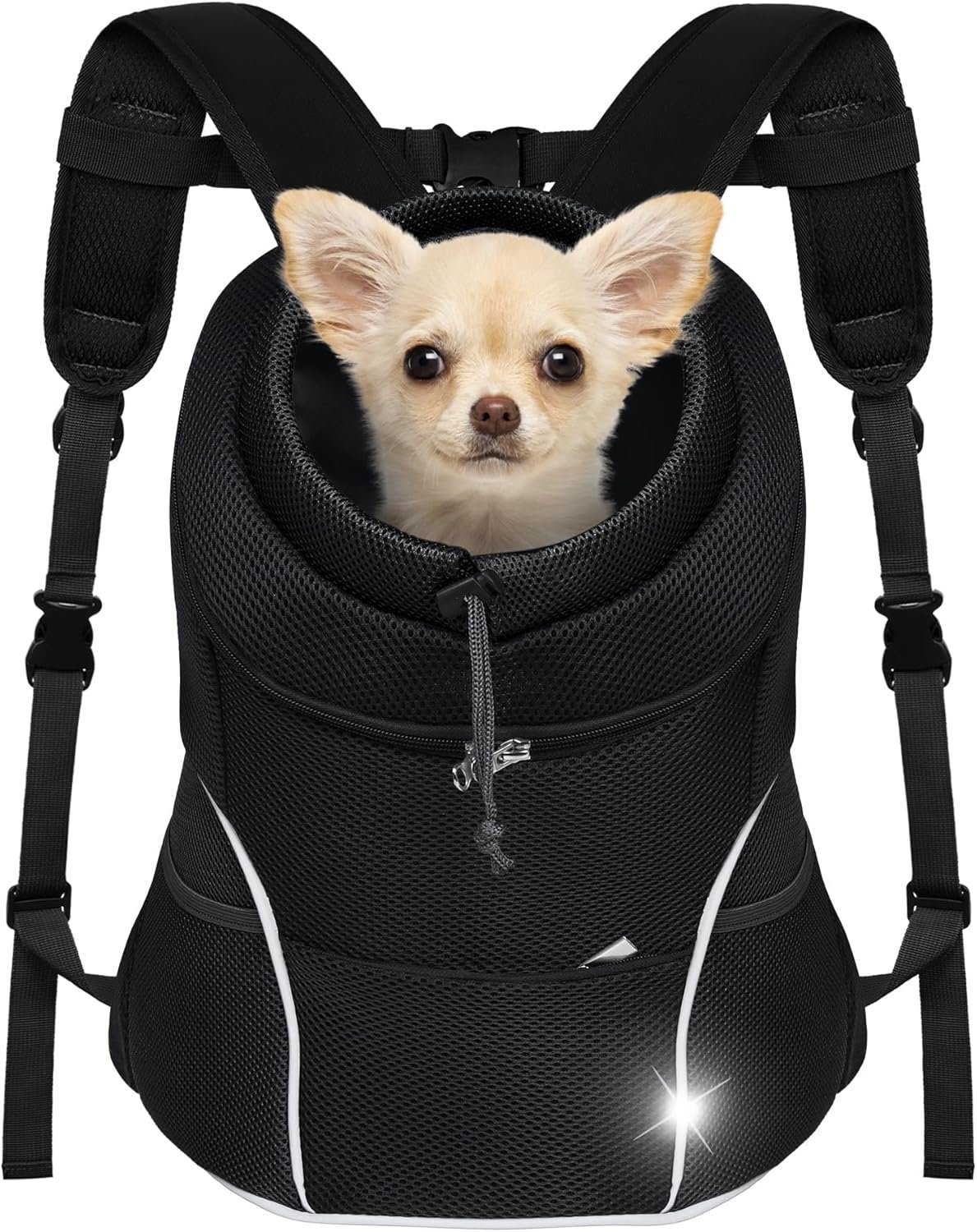 YUDODO Dog Front Carrier Backpack, Adjustable Breathable Pet Carrier for Small Dogs, Ventilated Puppy Back Pack with Safety Belt, Lightweight Doggy Backpack for Hiking Outdoor (Jet Black, M)