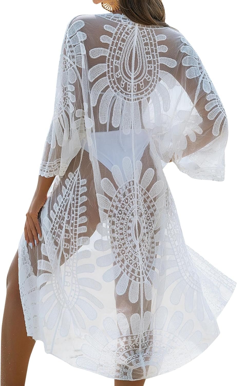 Blooming Jelly Womens Kimono Mesh Swimsuit Coverup Lace Embroidered Long Beach Cover Ups 3/4 Sleeve Tie Front Summer Cardigan