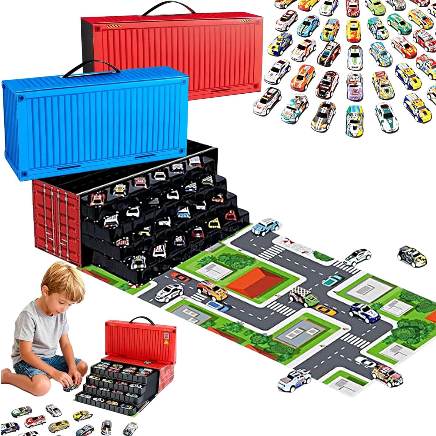 48 Mini Pull-Back Cars with Built-in Garage Set, Metal Alloy Racing Car Toys, CarsMini Racers, Bulk MatchboxCars, for Christmas or Gift (2pcs Blue+ Red)