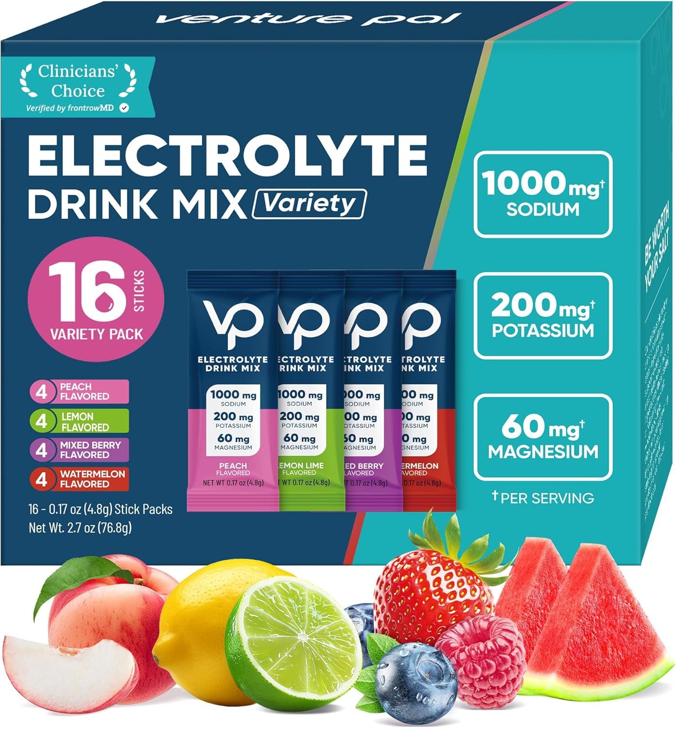 Venture Pal High Sodium Sugar-Free Electrolyte Powder Packets – Hydration Packets with Sodium, Potassium & Magnesium | Zero Calories | Vegan, Keto, and Paleo Friendly | 16 Sticks